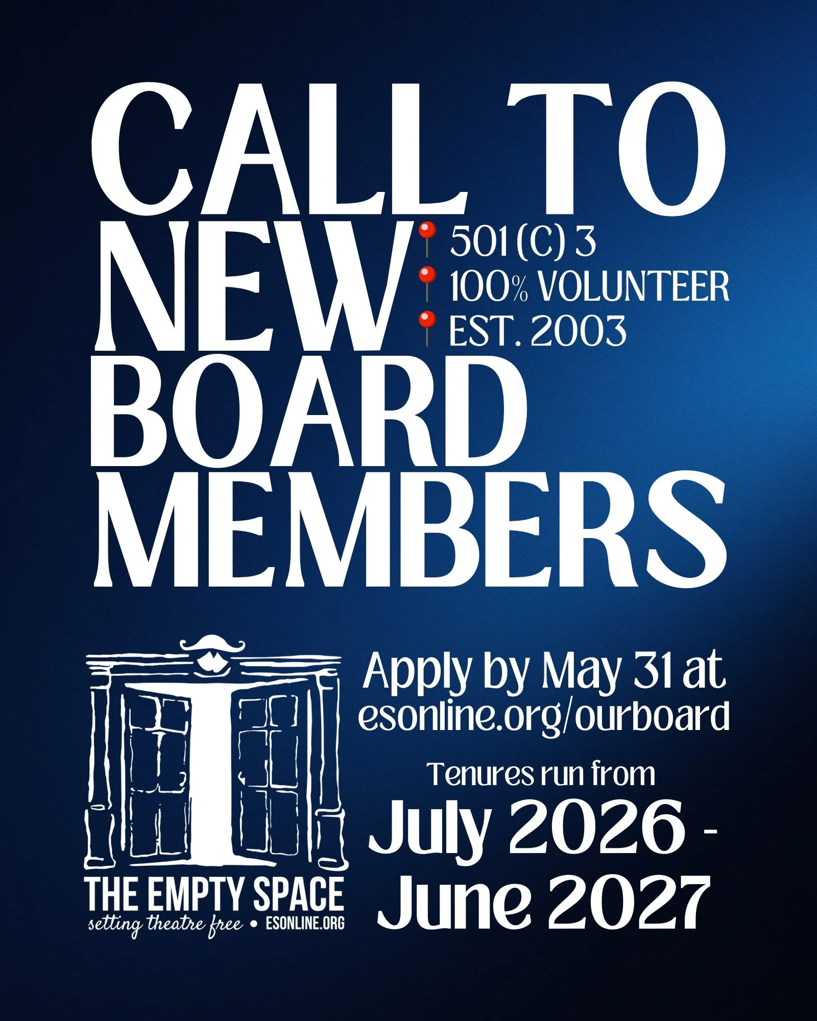 Our yearly elections are here once more and The Empty Space is looking for you!

We are an active, working, volunteer Board with members from all areas of the arts, as well as many levels of the Bakersfield community. We are looking for 4-6 community