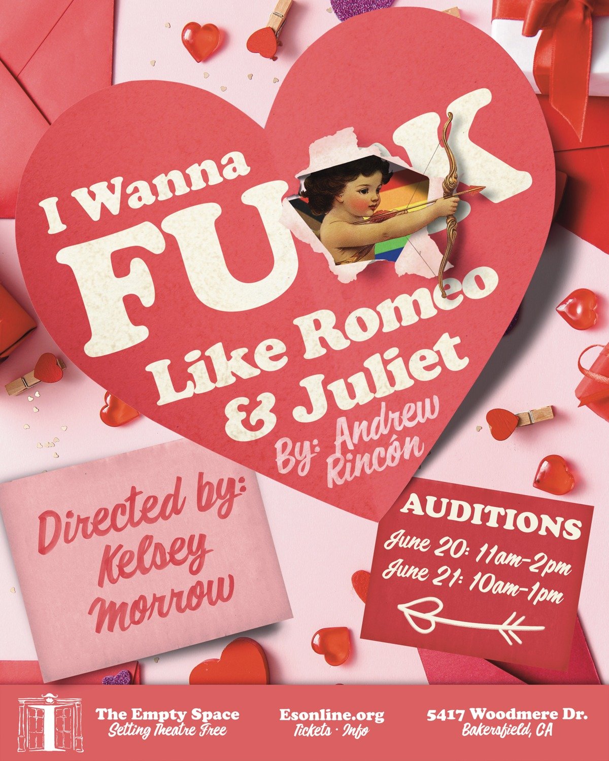 Announcing auditions for the August 2026 production of...

I Wanna F**k Like Romeo and Juliet

Written by Andrew Rinc&oacute;n 
Directed by Kelsey Morrow

Saturday 6/20, 11 AM to 2 PM
Sunday 6/21, 10 AM to 1 PM

Find all the details and sign up for a