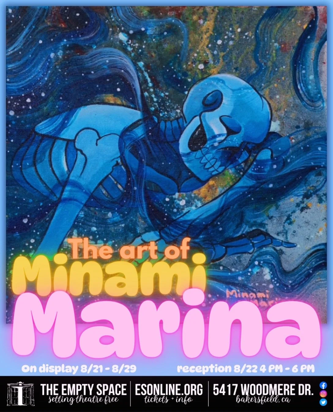 💀💙 The Empty Space Gallery proudly presents THE ART OF MINAMI MARINA. 💙💀

✨ A life long artist, Minami Marina debuts her first solo exhibition featuring 10 acrylic works of art, alongside a various array of sculptures. 

🖼️ Art prints, stickers,