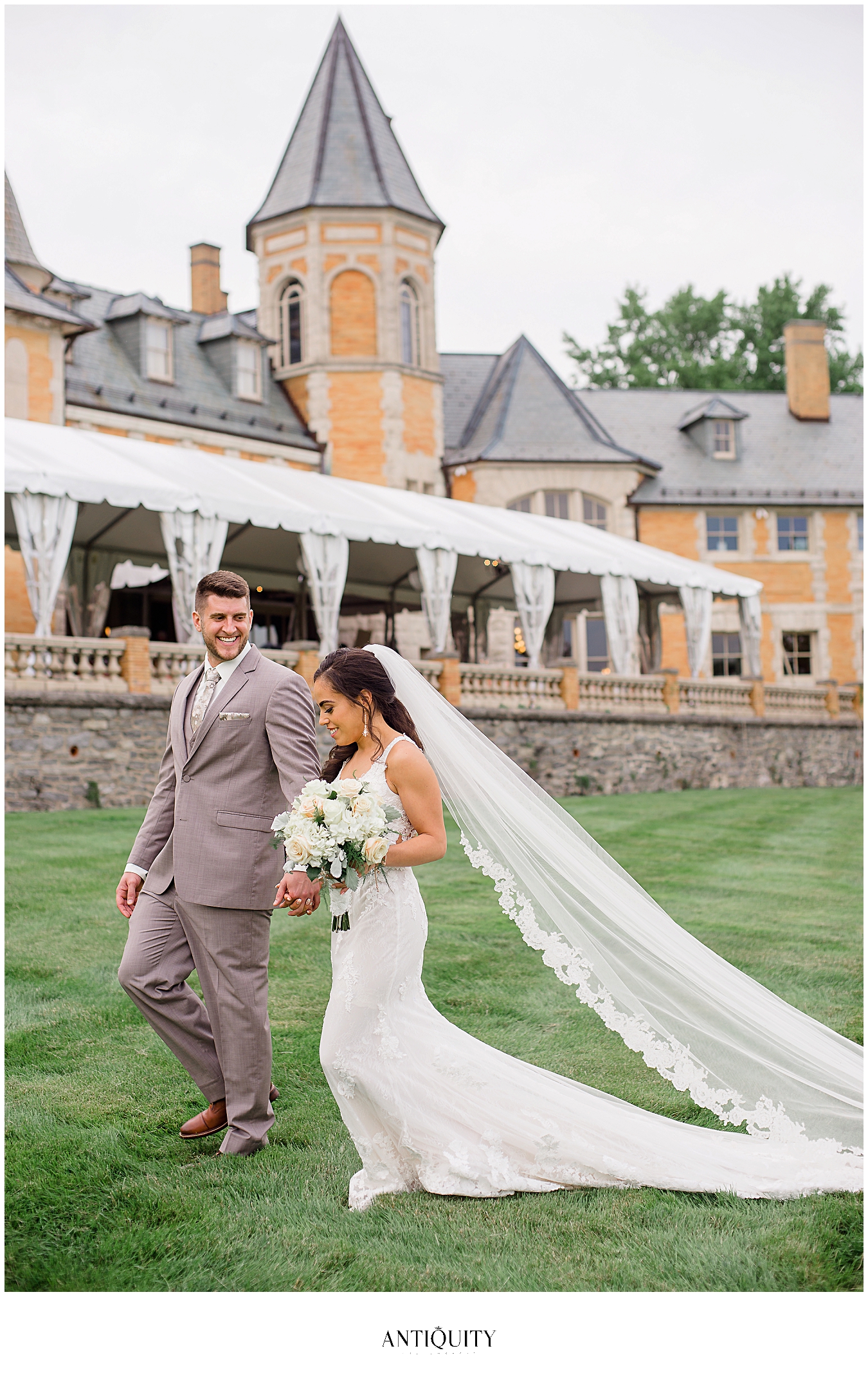  bride and groom in front of cairnwood estate 