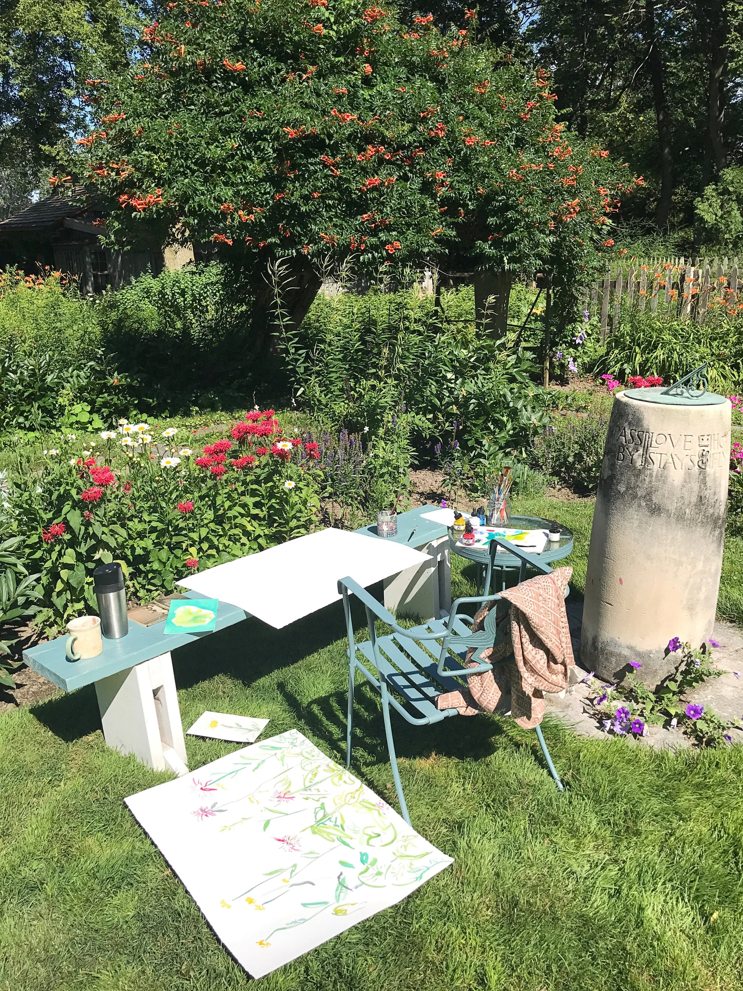 A morning spent painting in the garden. The sundial, designed by Shaw, has this verse inscribed around it: Hours Fly, Flowers Die, New Ways, New Days, Pass By, Love Stays