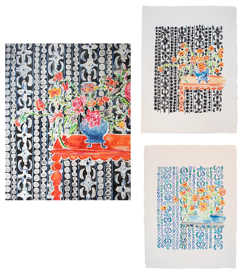 On the left is the painting from 2016 Flowers on Orange Table with Black and White. On the right is the reimagined subject created recently (fall 2017) in marker and watercolor.