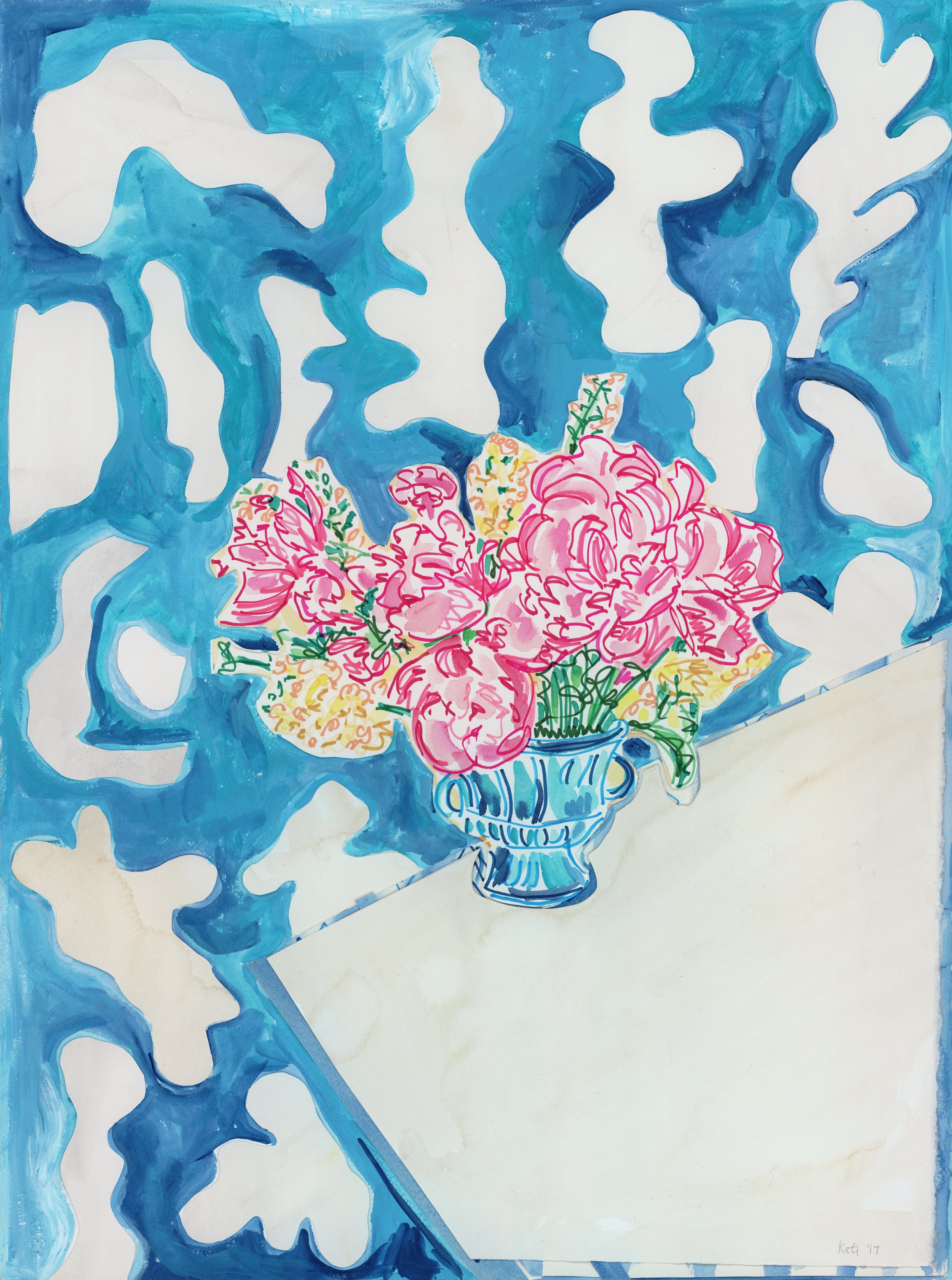 Pink Flowers on Table with White Clouds