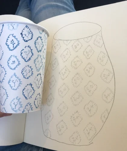 Pencil sketch and watercolor painting on paper cup