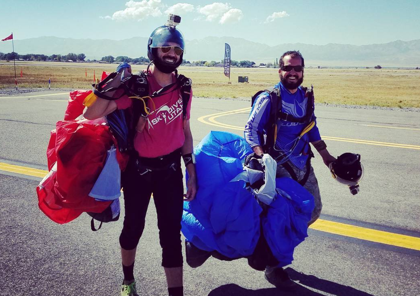 Marc Warren (left) and Mike Chapman (right) after their first skydives as the new owners of Skydive Utah.