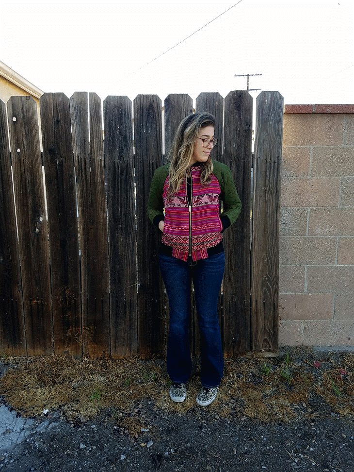 Unlined bomber jacket made using fabric from Peru and quilted faux suede sleeves. 