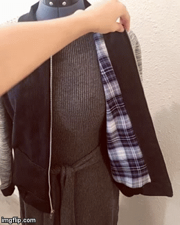 Denim and double knit bomber jacker. Fully lined jacket using yarn dyed rayon fabric and with sleeve detail. 