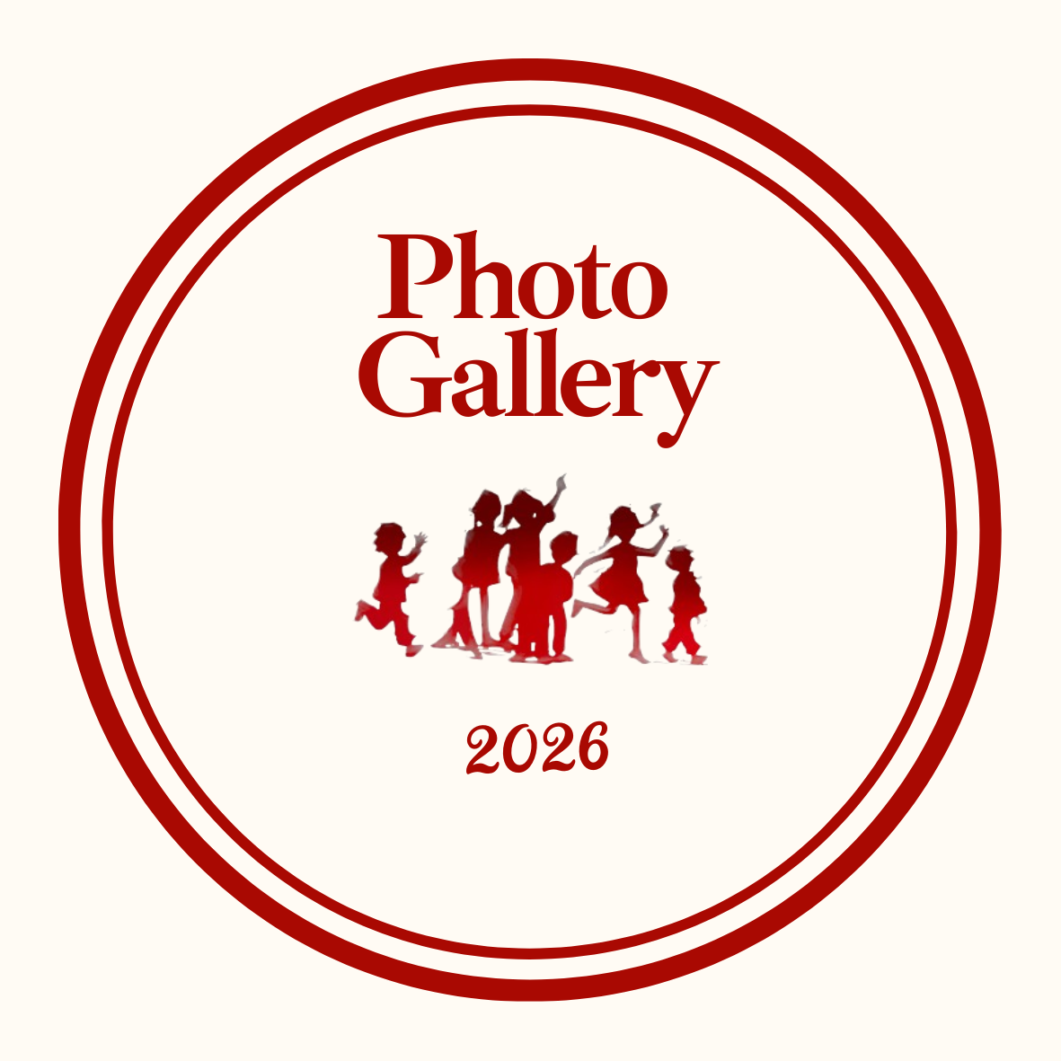 Logo for a photo gallery featuring a family silhouette and the text 'Photo Gallery 2026' in red over a cream background
