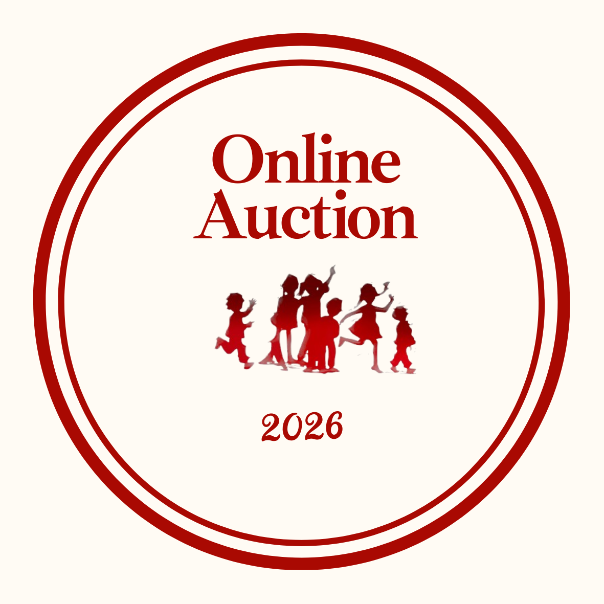 A promotional graphic for an online auction event in 2026, featuring a beige background with red circular border, text, and a silhouette of children playing.
