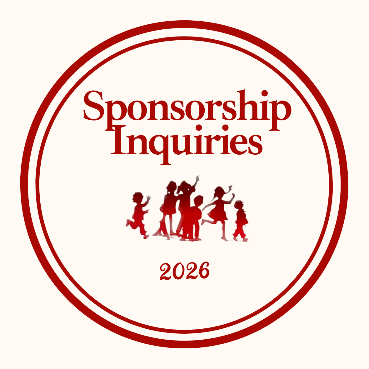 Circular logo with red text reading 'Sponsorship Inquiries 2026', featuring a silhouette of children playing.