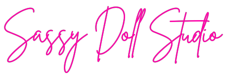 Stylized pink cursive text reading 'Sassy Doll Studio' on a black background.