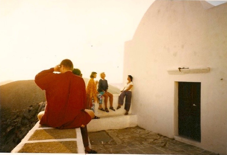 A former class enjoying the sunset together in the Kastro, the ancient area of Chora town.