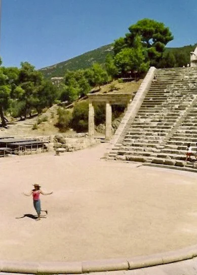Judith tries out the stage on her first visit to the ancient theater of Epidaurus.
