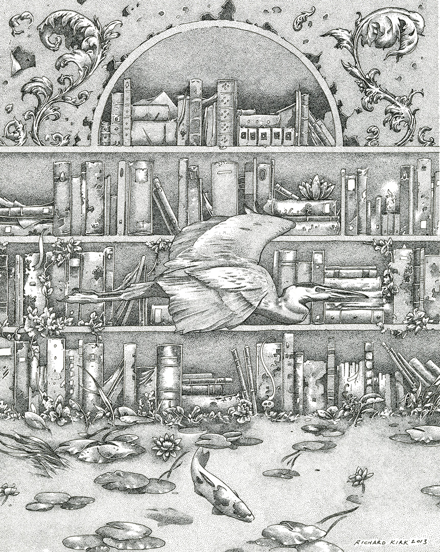Drowned Library 2013, ink on paper, 10" x 8"