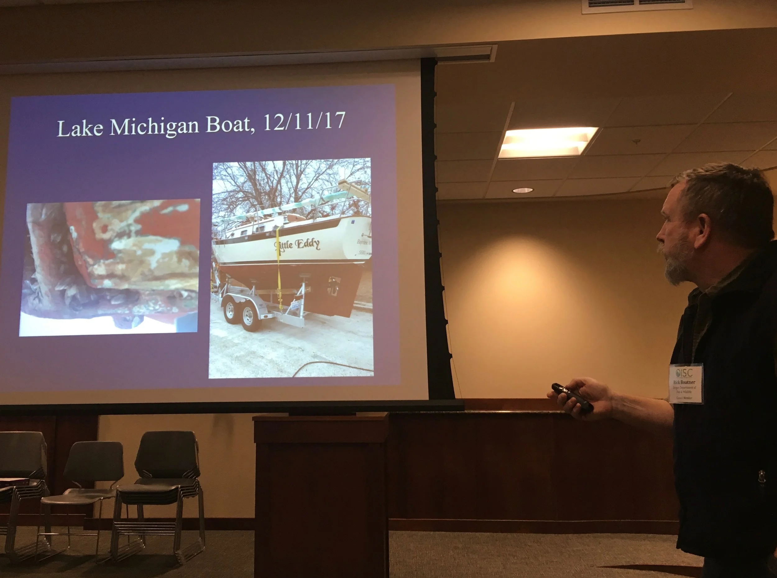 Rick Boatner, Oregon Department of Fish & Wildlife's Invasive Species/Wildlife Integrity Coordinator, talking about intercepting boats with invasvie mussels at check stations. 