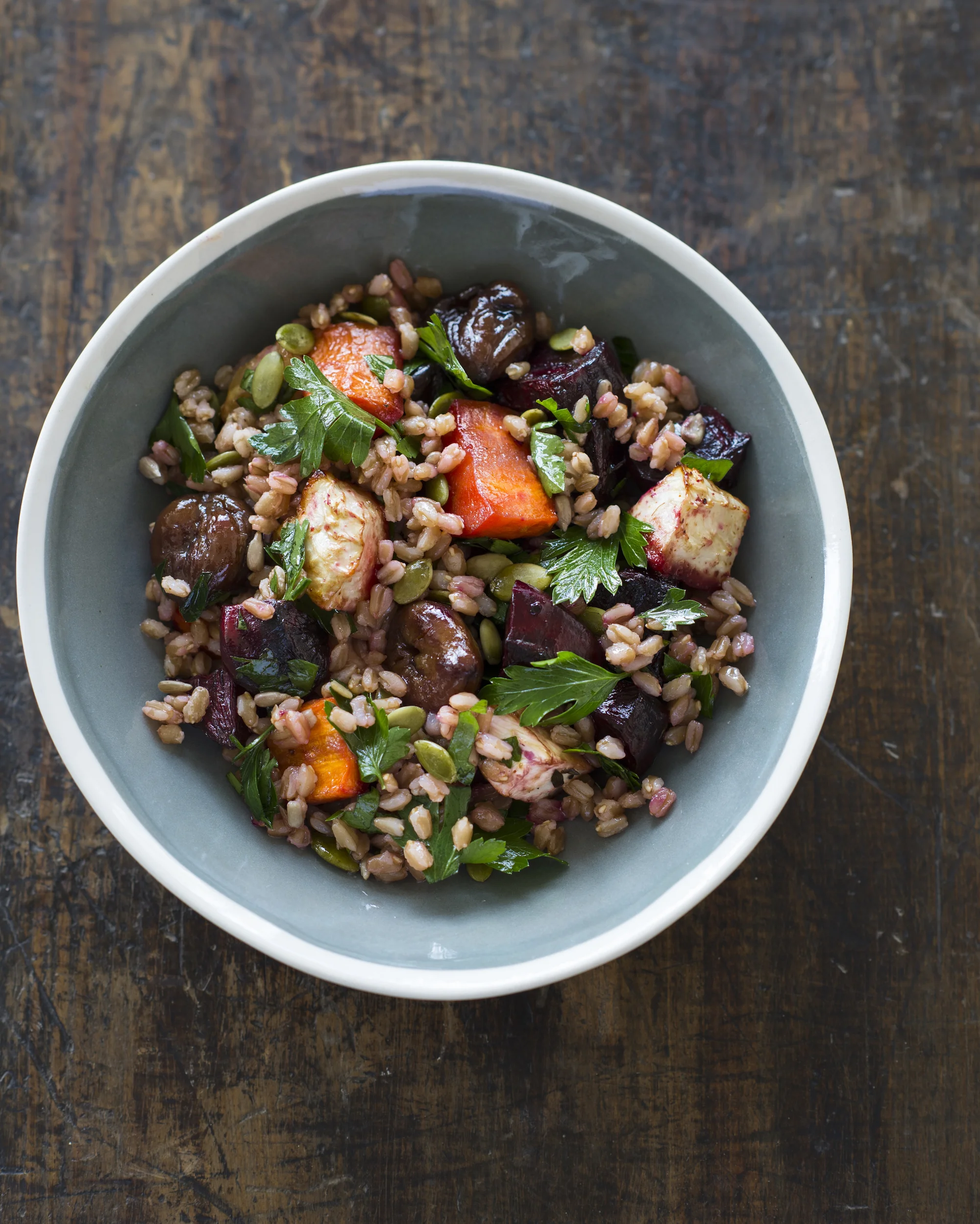 Warm salad of farro, roasted vegetables and chestnuts