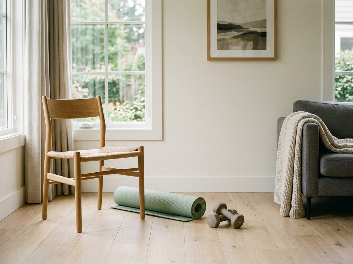 A chair, exercise mat and light hand weights for a low energy workout at home
