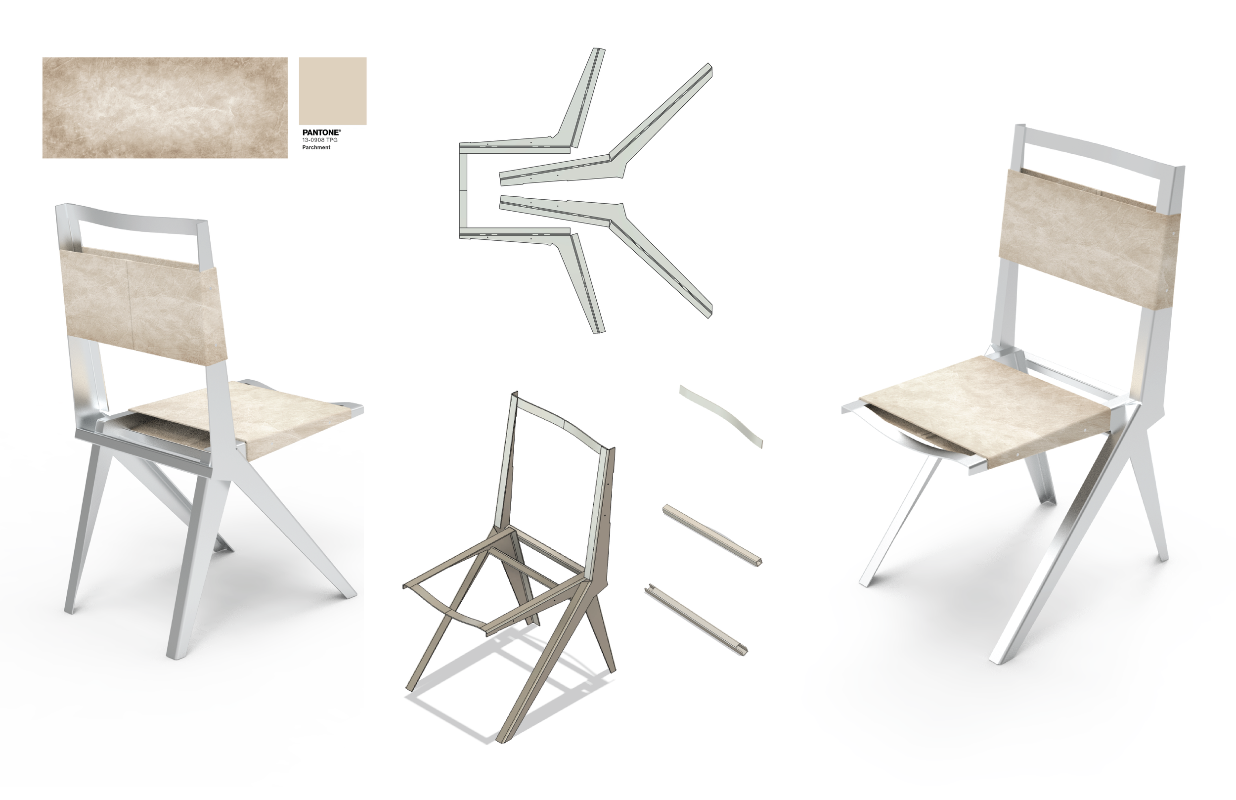  MATERIALS:   Frame: 3mm aluminum sheet with brushed texture.  Leather: Beige leather with vintage parchment texture and shading.  Supporting Structure: 25mm x 25mm x 3mm (wall thickness) aluminum tubing x 2pcs.  Fasteners: M3 flat head socket head c
