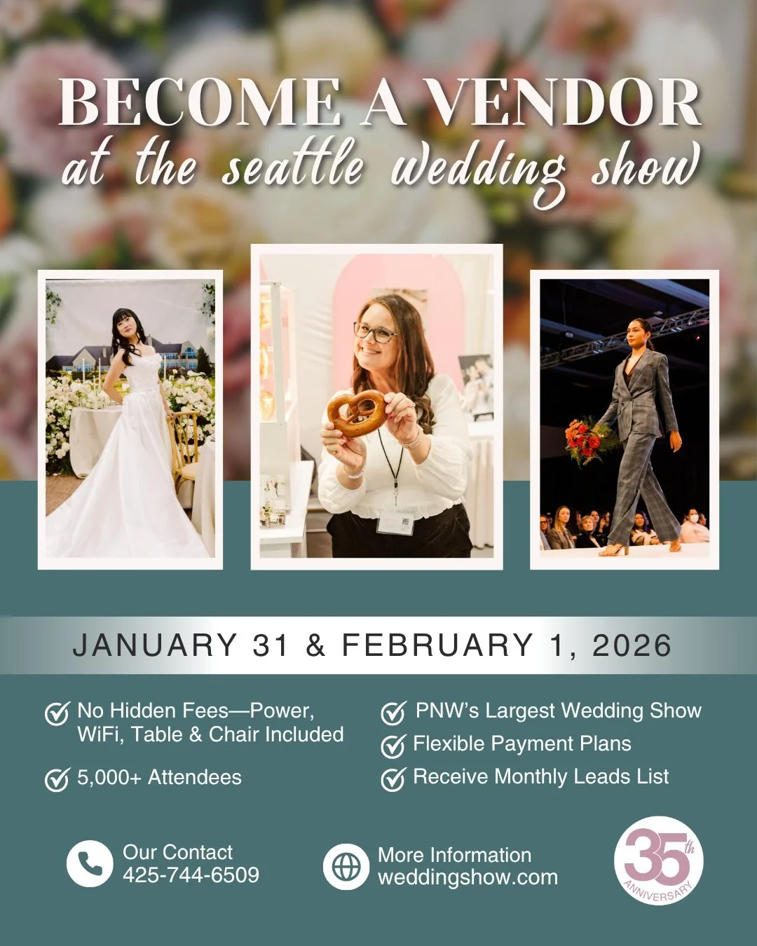 Thinking about becoming a 2026 Seattle Wedding Show vendor? 💫 

Here&rsquo;s why now&rsquo;s the perfect time to apply:

✔️ Meet 5,000+ attendees representing 2,000+ weddings
✔️ Build real connections with couples who are actively planning
✔️ Networ