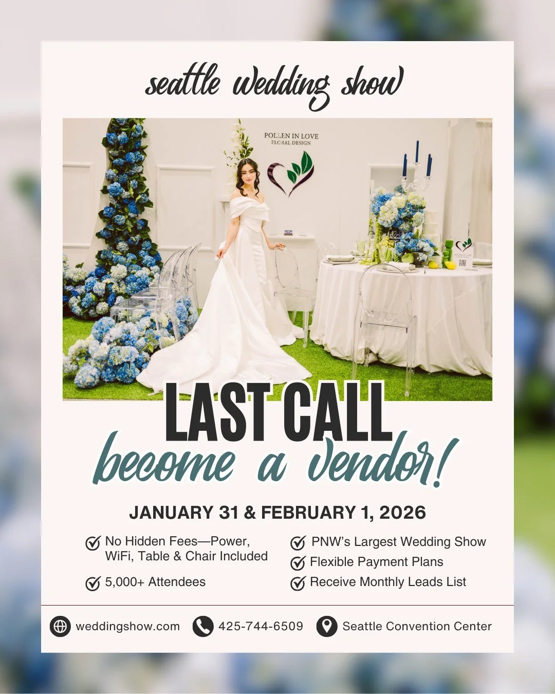 🚨 Last Call for Vendors! 🚨

Want to meet thousands of engaged couples face-to-face? Don&rsquo;t miss your chance to showcase your business at the 2026 Seattle Wedding Show&mdash;space is almost full!

Be part of the biggest wedding planning event i