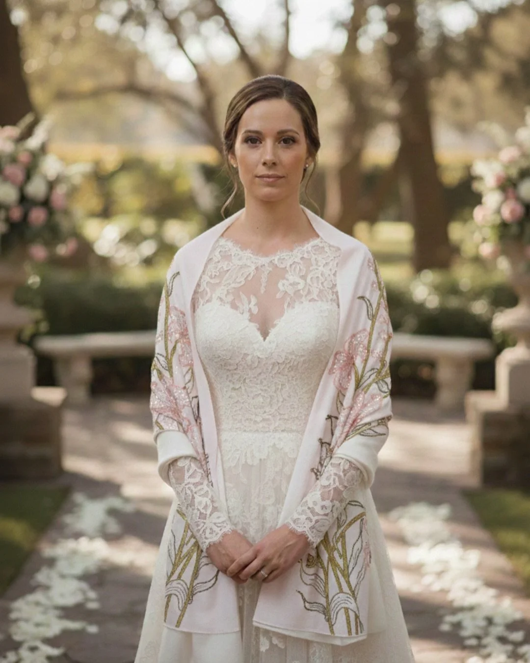 A bridal look is completed in the details. 

Our one-of-a-kind, hand-embroidered shawls add warmth and graceful coverage for ceremonies and outdoor vows&mdash;beautifully worn by brides and mothers alike, or gifted as heirlooms to mark the occasion.
