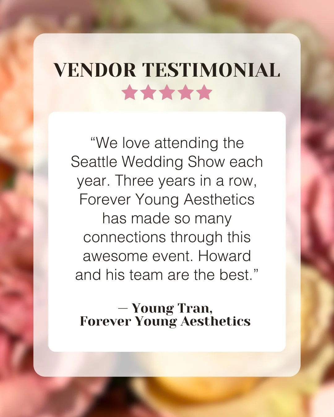Huge thank you to @foreveryoungseattle for the kind words &mdash; and for being such a wonderful part of the Seattle Wedding Show community!

Interested in becoming a vendor for 2027? We&rsquo;d love to have you join us. 

Applications are open now! 