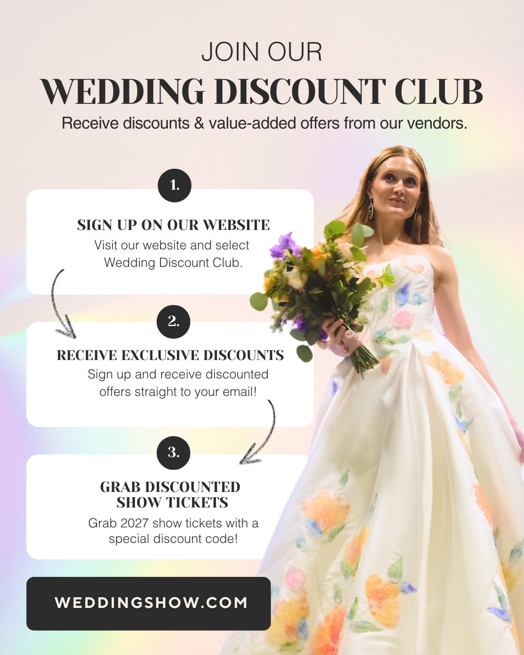 Join the Wedding Discount Club in 3 easy steps!

✔️ Sign up at weddingshow.com
💌 Get exclusive discounts and offers from our trusted vendors
🎟️ Plus, you&rsquo;ll be the first to know when tickets for the 2027 Seattle Wedding Show become available 