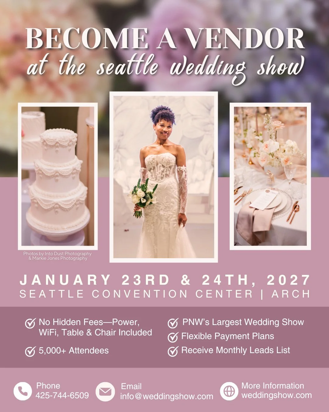 Thinking about becoming a 2027 Seattle Wedding Show vendor? Let&rsquo;s talk now. 💬 

January 23rd &amp; 24th, 2027
Seattle Convention Center | Arch

If you&rsquo;re planning your marketing calendar, this is the time to secure your space at the PNW&