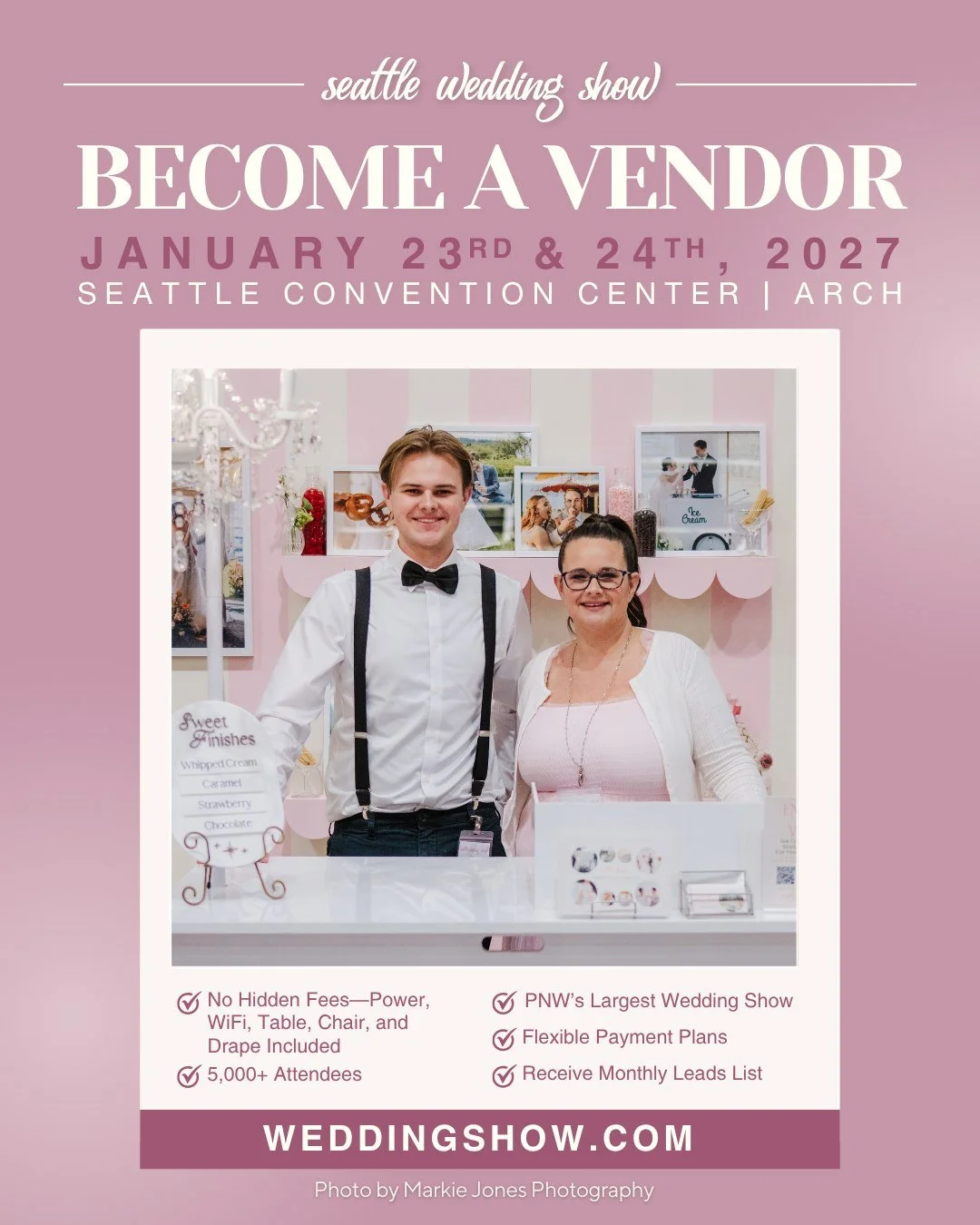 The Seattle Wedding Show is built by the incredible vendors who bring it to life. 💐

From photographers and planners to bakers, florists, venues, DJs, and more, this show is where thousands of couples come to meet the people behind the magic.

Why e