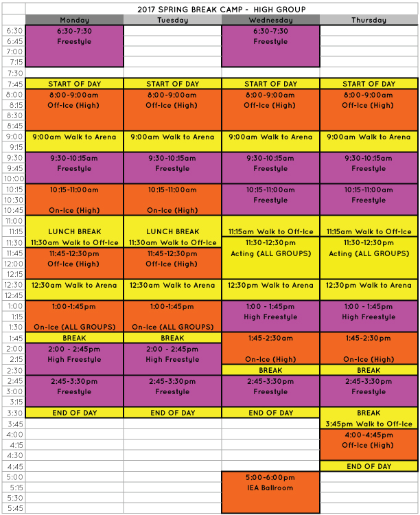 High Group Itinerary - Calendar is subject to change.