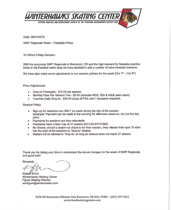 Please check Winterhawks Skating Center Website for updates and more information.