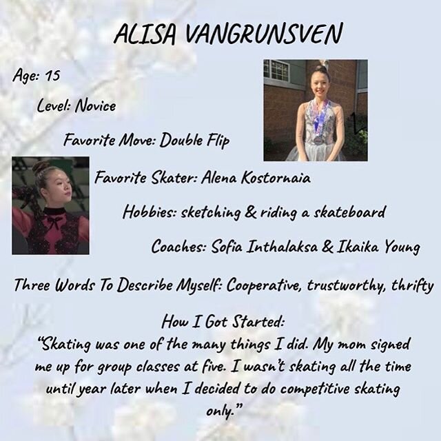WFSC&rsquo;s skater of the week ⁣
⁣
Alisa is currently in 9th grade, she has represented our club to compete in Intermediate level at the 2020 Pacific Coast Sectional Singles Final last November. ⁣
⁣
Alisa&rsquo;s favorite school subject is math, and