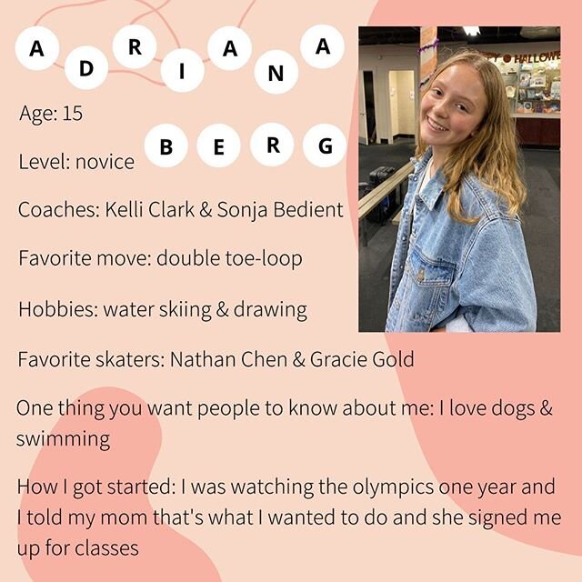 Skater Of The Week⁣
⁣&bull; &bull; &bull;
Meet one of our WFSC Get Up Award winners, Adriana Berg!! She loves everything about science, and will be a sophomore this coming fall. ⁣
#TeamWFSC #SkaterOfTheWeek #usfigureskating