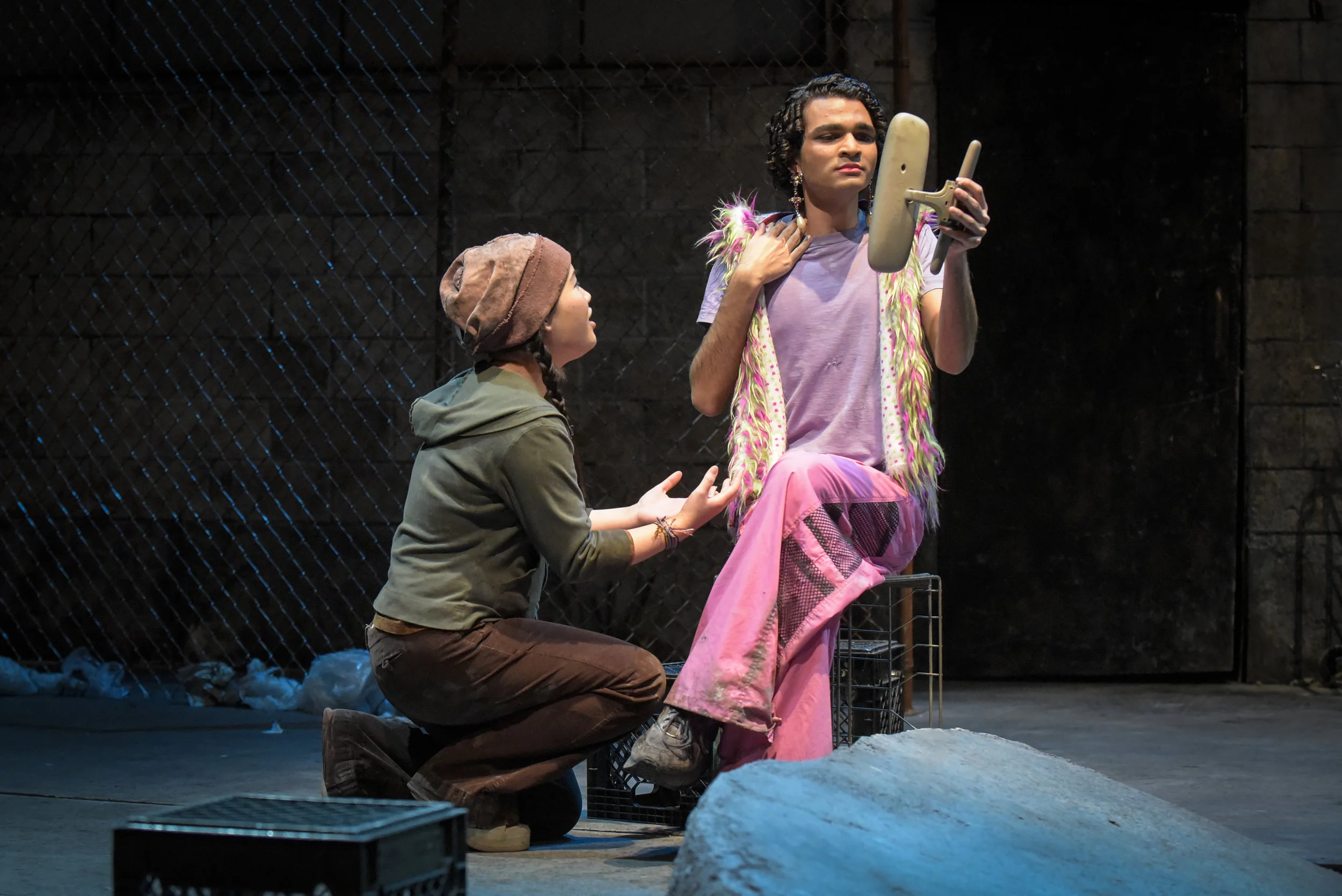 Narcissus (Akash Patel) preens in a broken-off rearview mirror, while runaway Echo (Jessica Li-Jo) compliments and envies him. Photo: Alessandra Mello.