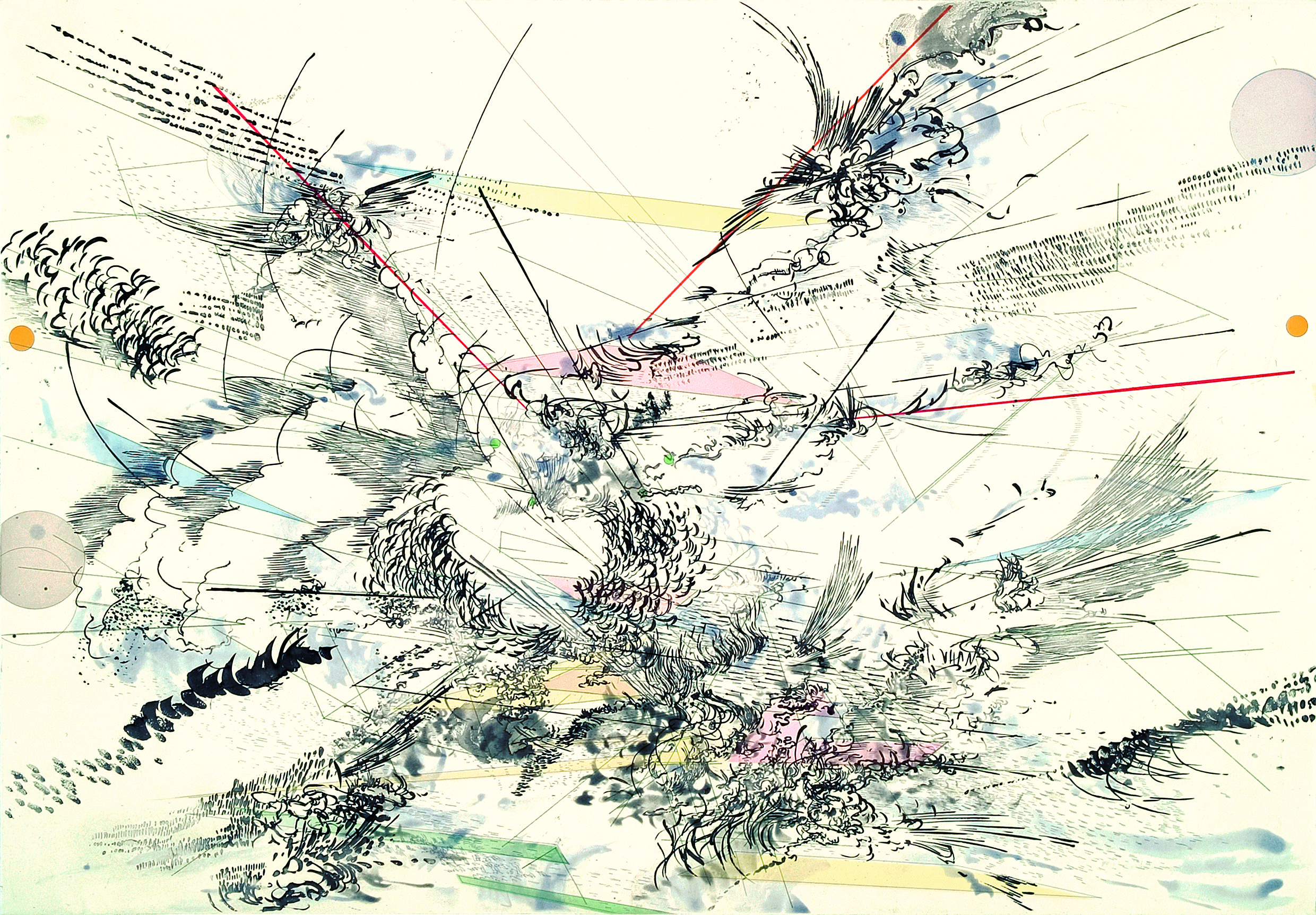 Julie Mehretu: Local Calm, 2005; sugar lift aquatint with color aquatint, spit bit aquatint, and soft and hard ground etching and engraving, printed on gampi paper chine collé; 27 1/2 x 39 1/4 in.; BAMPFA, gift of Tecoah and Tom Bruce.
