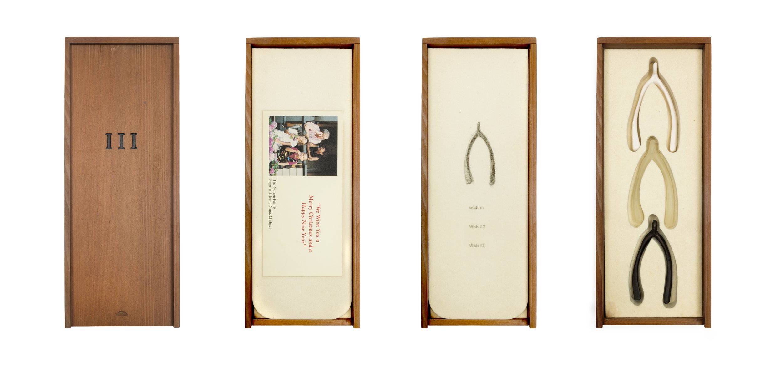 Lorna Simpson: III , 1994; offset ink on cedar box, waterless lithograph on felt, with ceramic, rubber, and bronze wishbones; 13 1/2 x 5 5/16 x 2 1/8 in.; BAMPFA, gift of John Bransten. © Lorna Simpson. Courtesy the artist and Hauser & Wirth.