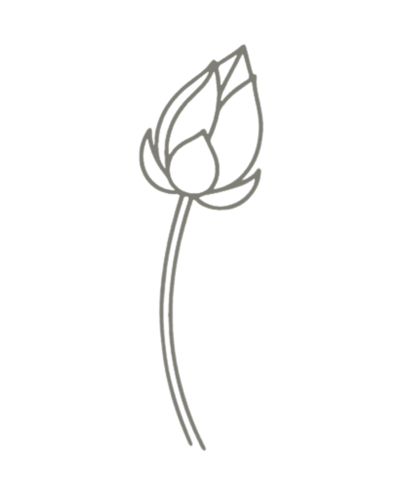 A simple line drawing of a single rose with a long stem and leaves outlined in gray against a black background.