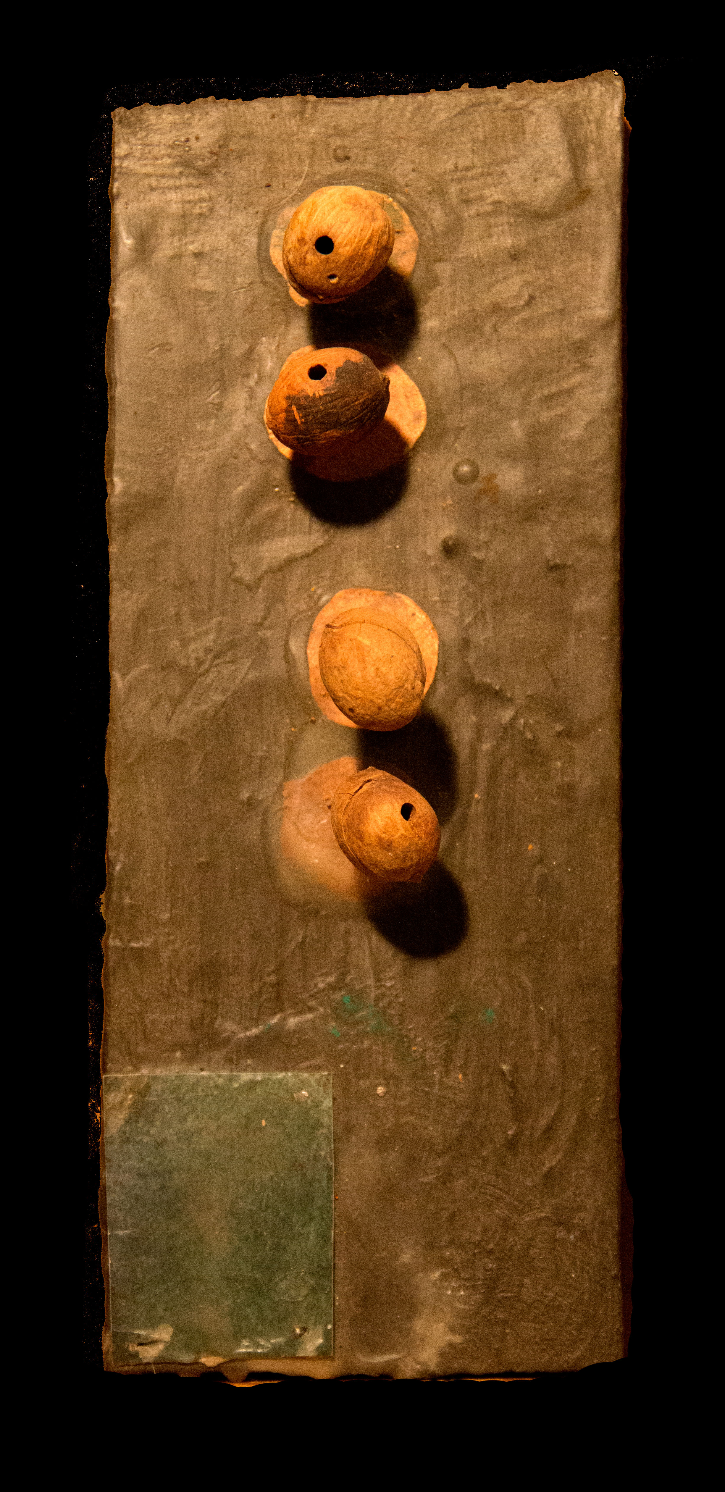 Oak Ave Talisman Acrylic, beeswax, copper, photograph, sticks and oak seeds on wood. 4.5" x 8" 2016