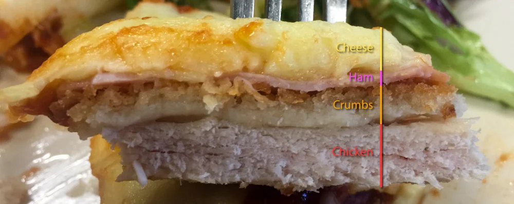 When your crumbs are almost as thick as your chicken (remember, this photo doesn't include the bottom layer of crumbs), its a bad start to a parma. 