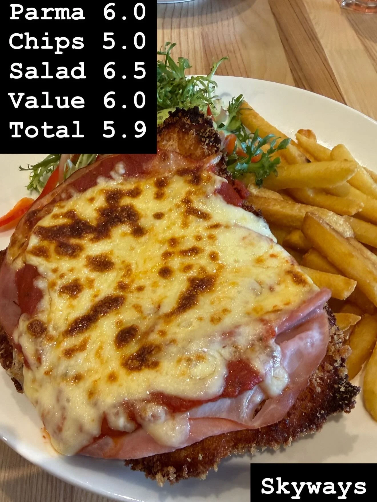 At the risk of doxxing myself, Skyways is my local. Not by choice, just by geography. As a result I&rsquo;ve eaten there plenty of times, including ParmaDaze&rsquo;s very first review back in 2011 (where it scored a 5.51).

Historically, the food has