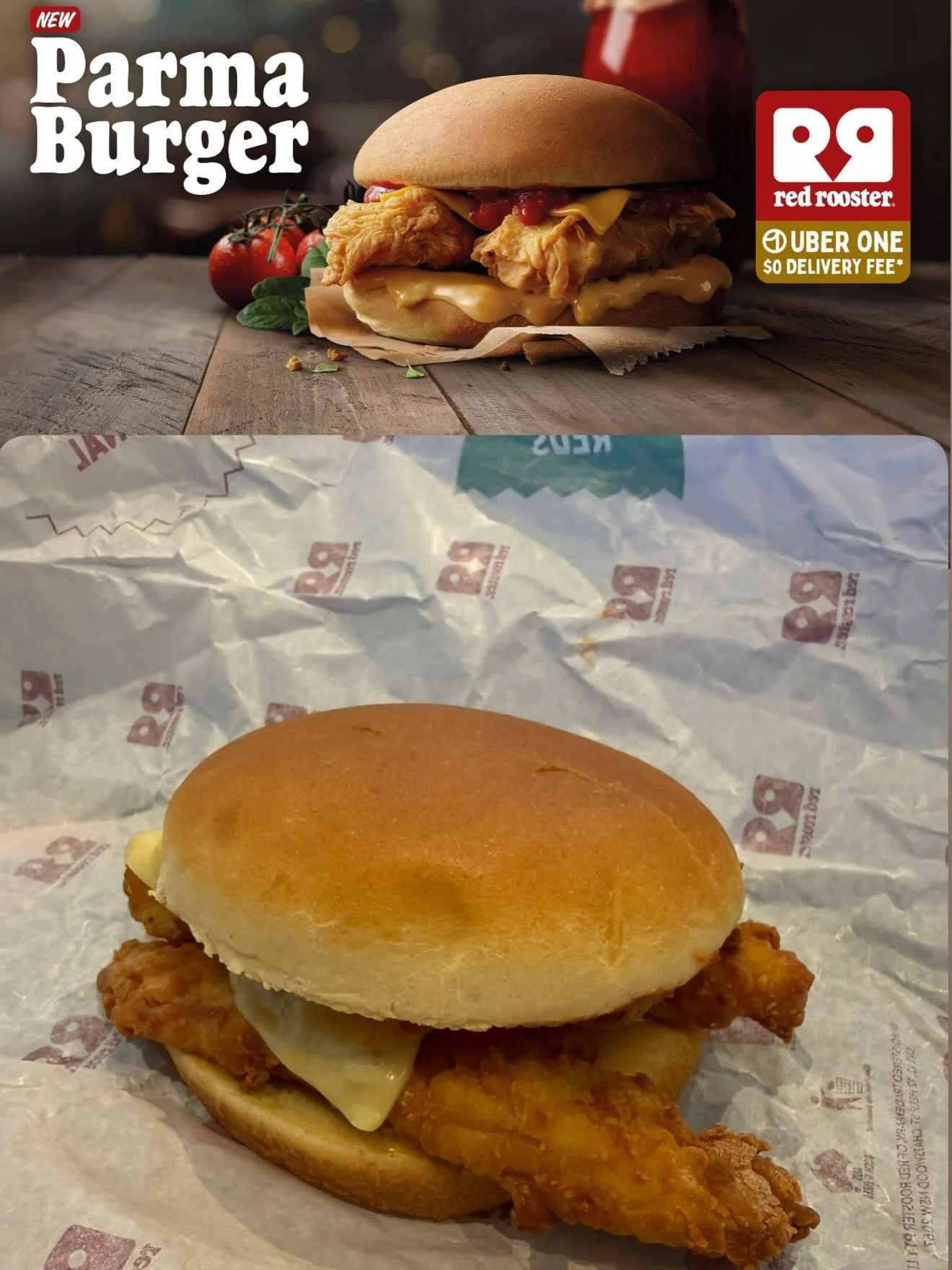 Just had a go at the new @redrooster_au Parma Burger. 

I&rsquo;m gonna start this review with a two part question - When did Red Rooster stop using chicken fillets, replacing *everything* with tenders, and why as a society did we allow this to happe