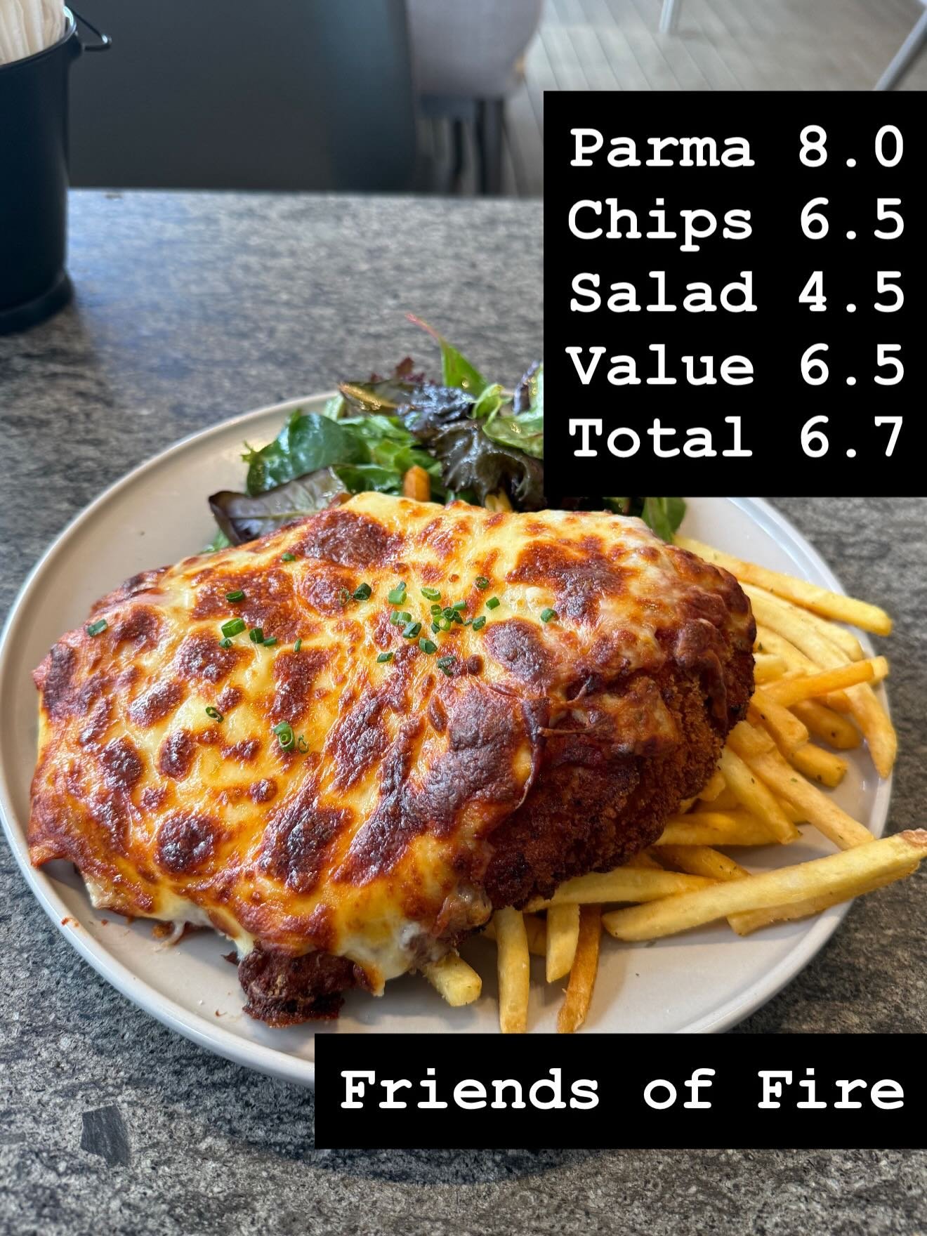 Someone slid into the old &ldquo;Suggest a Parma&rdquo; form on the ParmaDaze website claiming the parma at Friends of Fire at Marvel Stadium is the best in Melbourne. A bold claim.

@friendsoffiremelbourne , while attached, faces outward from the st