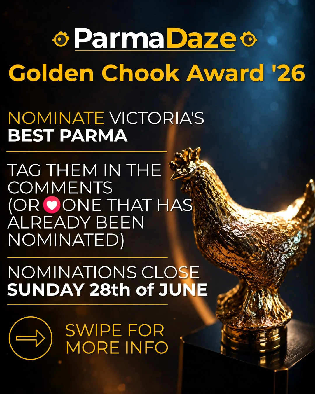 It&rsquo;s back, baby!! The fabled ParmaDaze Golden Chook Award returns for the first time since 2019.

If you want your favourite parma in the finals, drop your nomination in the comments and share the post to help get those votes up (pubs feel free