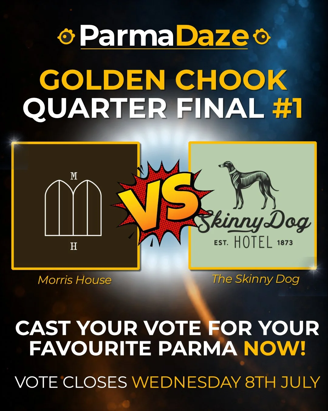 The Golden Chook Quarter Finals are officially live!

First up, we&rsquo;ve got Kew&rsquo;s darling and long-time ParmaDaze favourite @skinnydoghotel  taking on Melbourne CBD&rsquo;s three-storey behemoth @morrishousemelbourne.

The Skinny Dog has th