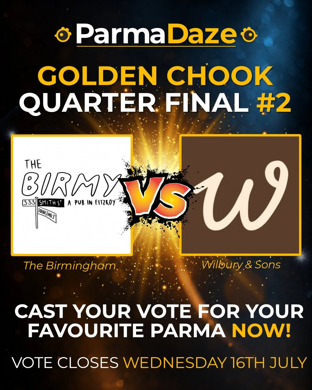GOLDEN CHOOK QUARTER FINAL #2 

In one corner, the reigning champ.

@the_birmy is a four-time Golden Chook winner and has sat at the top of the ParmaDaze ladder since 2016. Ten years at number one, a trophy cabinet full of golden chooks and a reputat