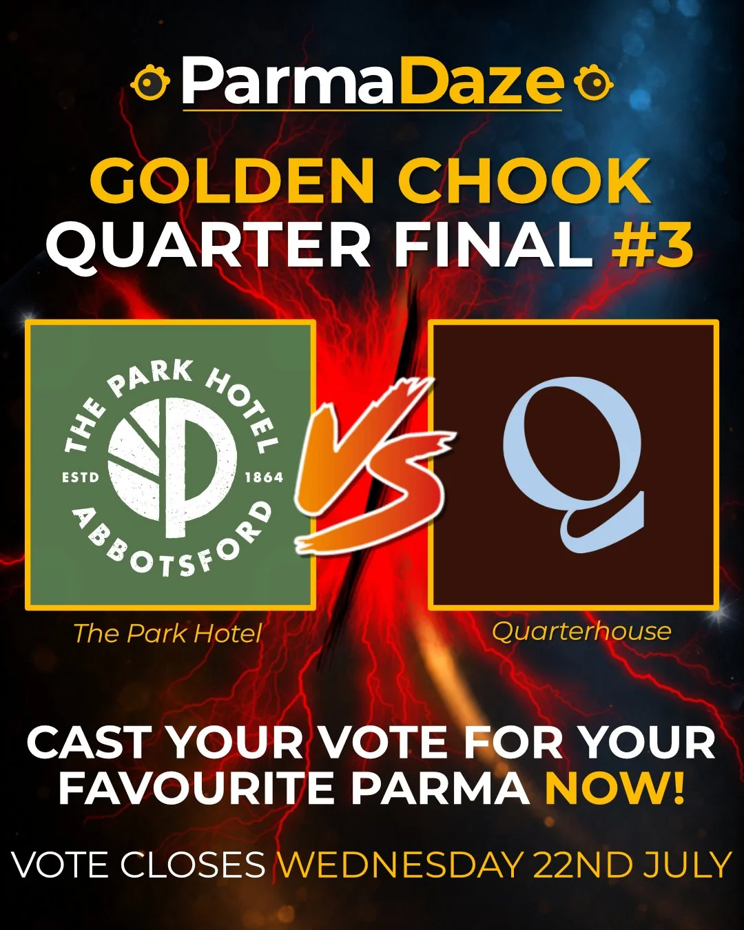 Next up, we&rsquo;ve got Abbotsford favourite The @parkhotelabbotsford  taking on Docklands newcomer @quarterhousemelbourne.

The Park is no stranger to the Golden Chook, taking out Best New Parma back in 2018, and it&rsquo;s still getting serious wr