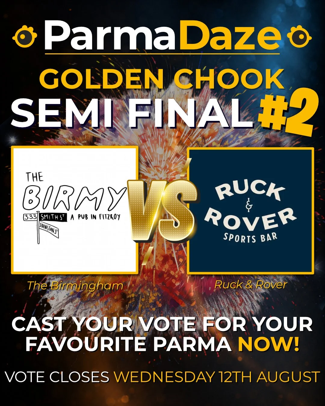 🐔 GOLDEN CHOOK SEMI FINAL #2 🐔

This is it. The last public vote before we move on to the Grand Final parma reviews!

On one side, @the_birmy . The reigning Golden Chook champion, a four-time winner and the leader of the ParmaDaze ladder since 2016