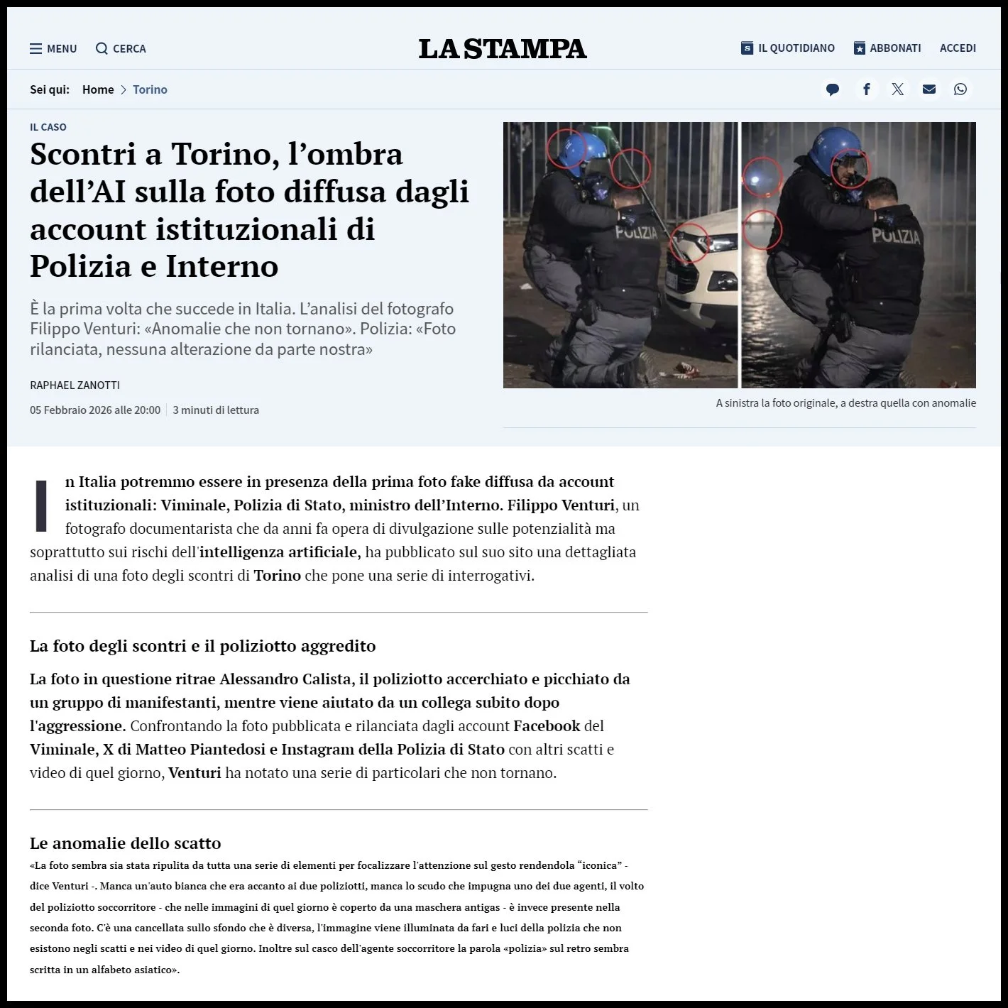Intervista su La Stampa sulla foto del poliziotto modificata