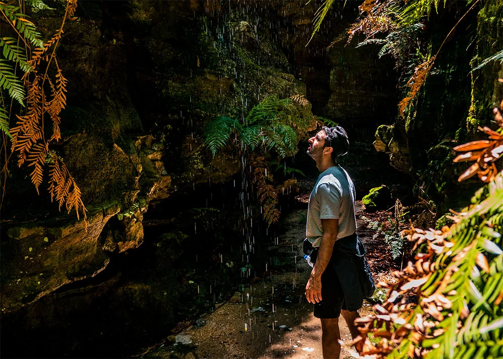 Ash in Dry Canyon looking at a waterfall, Newnes
