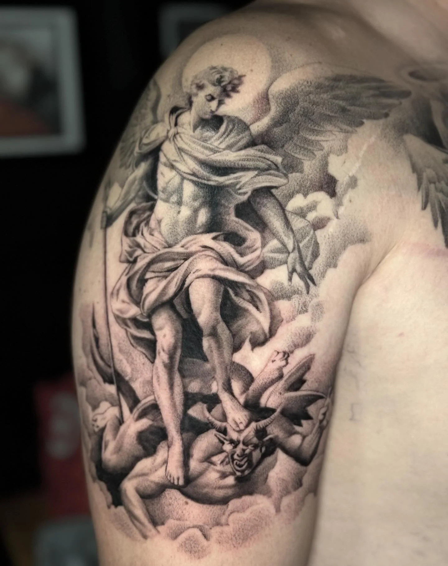 Beautifully done #saintmichaeltattoo made by @pelon_tattooer